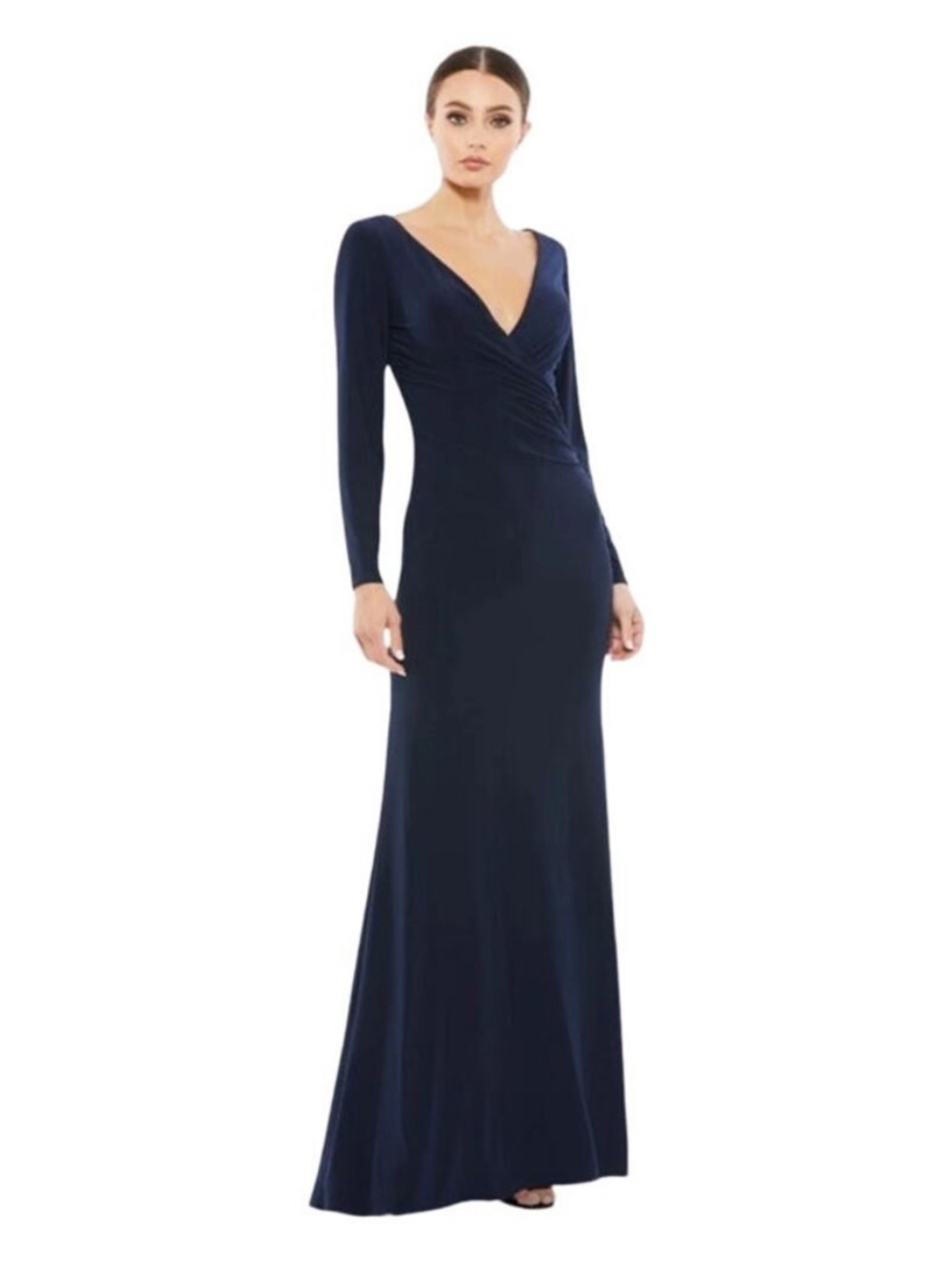 MAC DUGGAL Dress Size 12 Evening Gown Navy Blue Ruched Jersey Long Sleeve